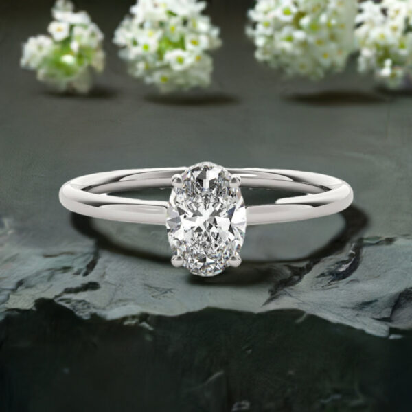 Maddie Solitaire Hidden Halo Lab Diamond Engagement Ring 1.10 Carats Oval Setting