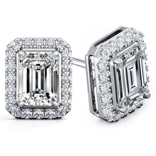 halo emerald lab diamond stud earrings in white gold