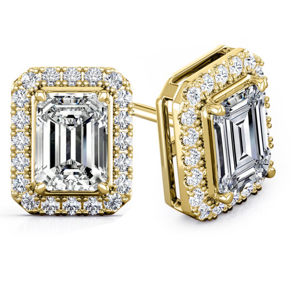 Halo Lab Diamond Stud Earrings Emerald Cut 14k Yellow Gold 3.00 Carat